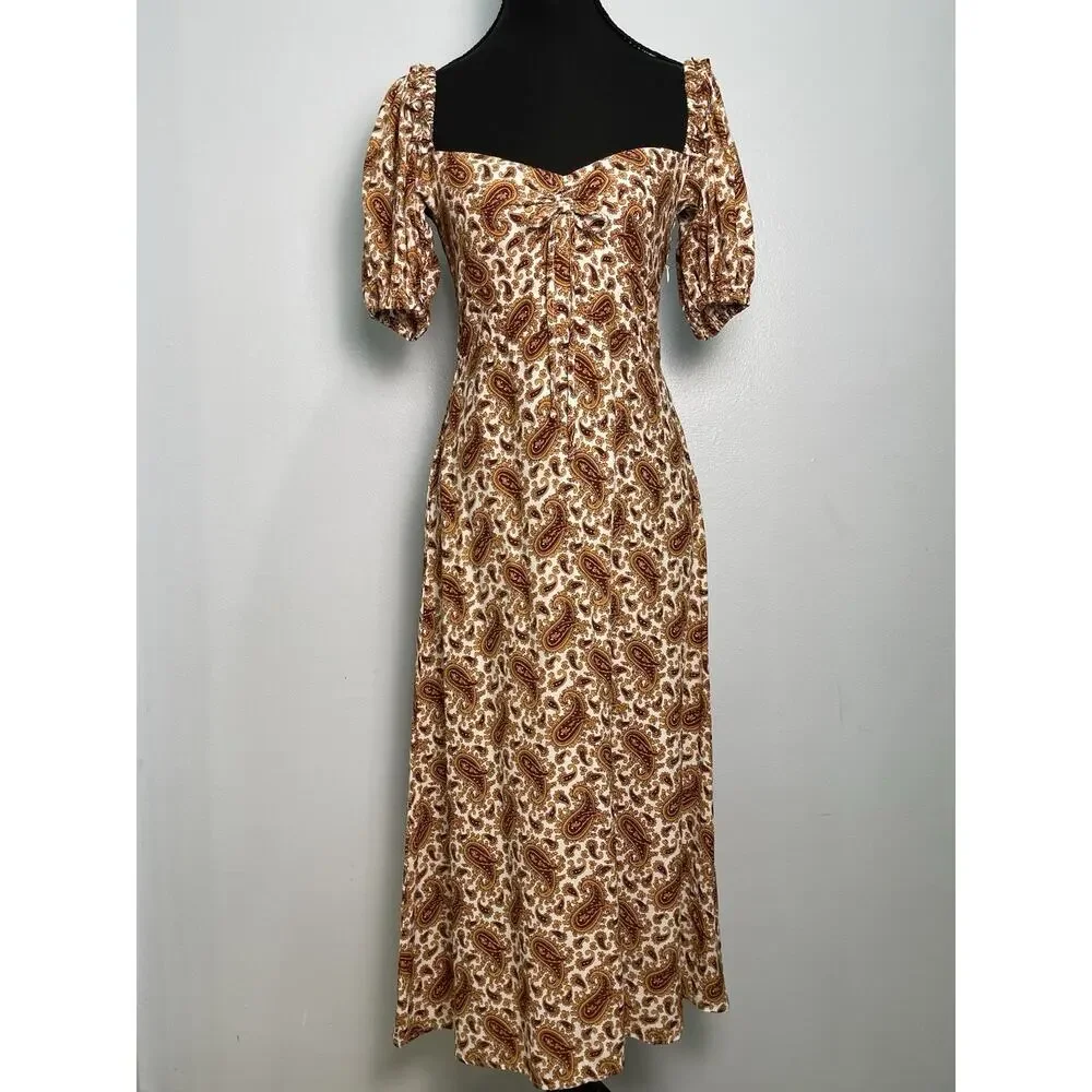 NWT Faithfull The Brand Juniper Paisley Midi Dress Puff Sleeve Sweetheart Size 6 - Picture 2 of 10